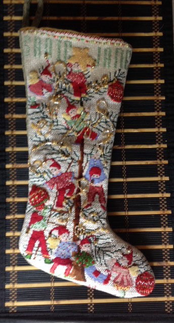 Sylvie Teytaud's Elves decorating the tree adapted on a Christmas Stocking